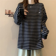蕭遇（XIAOYU）中長(zhǎng)款條紋長(zhǎng)袖T恤女秋冬內(nèi)搭德絨打底衫寬松上衣潮 黑色 L