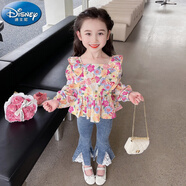 迪士尼（Disney）女童套裝春秋2024新款兒童洋氣秋季寶寶時(shí)髦秋裝襯衫牛仔褲兩件套 小孩子穿的衣服品牌童裝-花朵熊牛仔褲套裝 小孩子穿的衣服品牌童裝-90cm