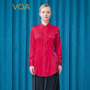 VOA19姆米緞面絲綢POLO領(lǐng)木耳邊拼接單排扣微彈長(zhǎng)袖襯衫女 B3090 玫紅（H01） L