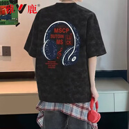 雅鹿青少年夏季五分袖T恤潮流美式套裝男生帥氣寬松體恤搭配時髦牛仔 黑色 XL 推薦125-145斤