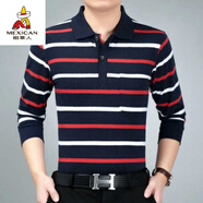 稻草人春夏季男裝純棉翻領(lǐng)條紋長(cháng)袖t恤中老年男士POLO男衫衫有領(lǐng)休閑打 CX08 L (100-125斤)