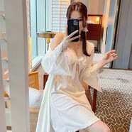 KJ睡衣女性感吊帶胸墊兩件套金絲絨睡裙長袖睡袍秋冬新款家居服套裝 白色 L(105-120斤)