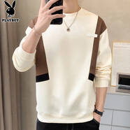 花花公子（PLAYBOY）長袖t恤男春秋季新款寬松休閑百搭潮流圓領(lǐng)衛(wèi)衣男簡約上衣打底衫 C-3526HH23286 米色 3XL