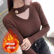 譽鹿深v領(lǐng)上衣女緊身秋冬裝新款性感低胸加絨鏤空掛脖V領(lǐng)長袖毛衣女 咖啡色【加絨加厚】 XL