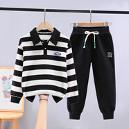 伴1號兒童長(cháng)袖套裝秋冬季中大童男童秋裝運動(dòng)休閑2024新款衣服4-14歲 黑色 黑衣+黑束腳褲 120cm