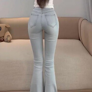 紫昕月淺藍色微喇叭牛仔褲女秋季新款韓版高腰顯腿長(cháng)馬蹄褲九分長(cháng)褲子 淺藍色長(cháng)褲 959 S