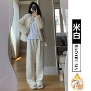 音藻窄版闊腿褲女加絨小個(gè)子燈芯絨秋冬遛彎褲溫柔寬松顯瘦休閑褲 白色遛彎抽繩褲--【加絨款】 S建議90斤內