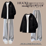 嘉綢青少女初中生套裝女秋冬款女大童12-15歲秋季學(xué)生初女孩外套寬松 黑色+灰色庫套裝 160 M（85-105斤）