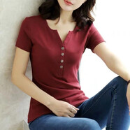 登森奧奧新款純棉短袖t恤女夏裝半袖女裝V領顯瘦短袖女T恤修身上衣 磚紅色 3XL 建議130-140斤