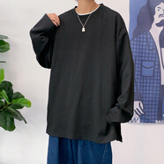 NEW OR MODE排扣長(zhǎng)袖T恤男港風(fēng)潮流牌開(kāi)叉打底衫青少年ins寬松上衣服圓領(lǐng)休閑 黑色 XL
