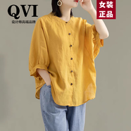 QVI高端品牌 亞麻短袖襯衫女2025夏季新款薄款寬松休閑顯瘦棉麻上衣 黃色 2XL 【 建議131-145斤】