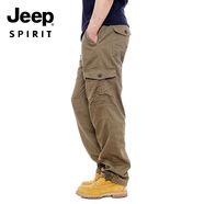 JEEP SPIRIT吉普德國工裝褲男春秋休閑褲耐臟耐磨長(cháng)褲多口袋大碼寬松干活棉褲 多口袋長(cháng)褲軍黃 XL 建議140到155斤