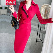 瓦塔諾（WA TA NUO）高腰西裝領包臀連衣裙女裝打底中長裙子冬季長袖春秋時尚優(yōu)雅新款酒紅色S(80-95斤)