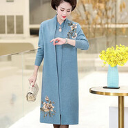 瀾思莉（LANSILI） 婆婆裝婚禮服秋冬媽媽旗袍毛衣連衣裙中老年婚宴兩件套長款外套 藍(lán)色款二（內(nèi)搭長袖） L(100-120斤)