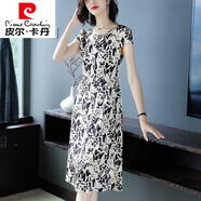 皮爾卡丹（pierre cardin）裙子女夏2024新款中年女士高端洋氣寬松桑蠶絲顯瘦碎花真絲連衣裙 黑白 3XL 建議130-140斤