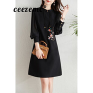 ceezemc香港潮牌刺繡花改良旗袍連衣裙女 2025春季新款復古唐裝國風(fēng)短裙 黑色 L