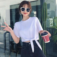 蘭威費雷露肚臍上衣短款高腰白色TT恤女短袖新款短裝潮漏臍體T恤寬松夏 白色  M 93-103斤穿
