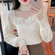 啄木鳥(niǎo)（TUCANO）半高領(lǐng)網(wǎng)紗拼接蕾絲打底衫2025春秋新款加絨加厚木耳邊洋氣顯上衣 杏色【單層薄款透肉】 M碼建議95-105斤