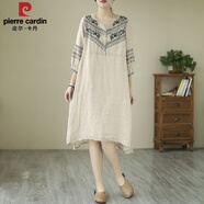 皮爾卡丹（pierre cardin）品牌女裝刺繡亞麻襯衫裙寬松V領(lǐng)七分袖棉麻連衣裙2024新款 杏色 L 【建議110-125斤】