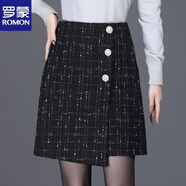 羅蒙（ROMON）黑色格子短裙女半裙a字一步裙裙子小香風半身包裙毛呢秋冬包臀 黑白格三扣 XL 建議115-125斤