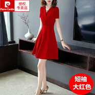 皮爾卡丹（pierre cardin）黑色連衣裙小黑裙2025新款女夏裝V領(lǐng)短袖短裙顯瘦氣質(zhì)裙子針織 紅 色 M