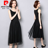 皮爾卡丹（pierre cardin）背心網(wǎng)紗連衣裙2024新款收腰顯瘦仙女紗裙中長(zhǎng)款吊帶打底裙 黑色8189背心款 2XL:135-145斤