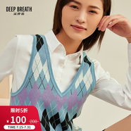 深呼吸DEEP BREATH女裝V領格紋拼色造型純棉針織衫馬甲A300360 藍紫菱格 S (2)