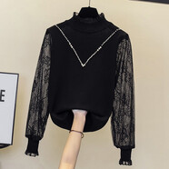 立領(lǐng)針織衫女秋裝2025春秋季新款韓版洋氣內(nèi)搭小衫蕾絲打底衫上衣 黑色 L