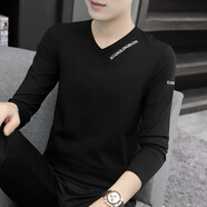 賓色長(zhǎng)袖t恤男秋裝V領(lǐng)秋衣服男生打底衫秋季上衣體恤深灰色小衫 賓色 黑色 XL