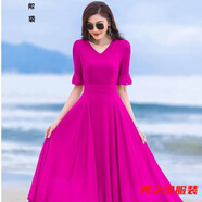 范哲莎小個(gè)子女人夏天穿的中長(cháng)連衣裙大擺裙夏紅色中長(cháng)款跳舞雪紡連衣裙 玫紅色 M 建議90--105斤