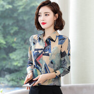 蔚曼（Veevmand）印花雪紡襯衫女長(zhǎng)袖2024春秋季新款襯衣洋氣雪紡衫韓版中年上衣女 6070綠色 L