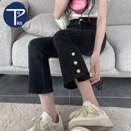 PMOG黑色微喇牛仔褲女高腰顯瘦小個子200斤微喇叭九分褲子 518黑色 L