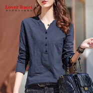 LOVER RUCCI純棉長(zhǎng)袖t恤女2025春裝新款寬松竹節(jié)棉小衫上衣春秋紐扣v領(lǐng)打底衫 灰藍(lán)色 L