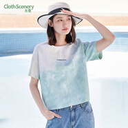 布景T恤女夏季新品圓領(lǐng)短袖胸前字母印花漸變暈染套頭衫 青綠 L
