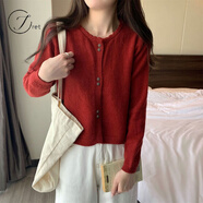 Jret小個(gè)子春秋新款溫柔長(cháng)袖2025上衣短款針織衫毛衣圓領(lǐng)針織開(kāi)衫女 紅色 M