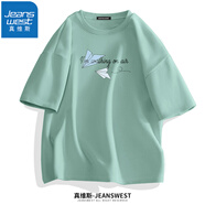 真維斯（JEANSWEST）純棉短袖t恤男夏季時尚百搭T恤衫青少年學(xué)生半袖寬松情侶上衣服c 豆綠（兩只紙飛機） 4XL (推薦體重200斤-220斤左右)