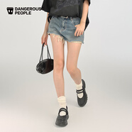 Dangerous people薛之謙dsp基礎百搭做舊時(shí)尚破洞流蘇牛仔短褲女裝 藍色 S
