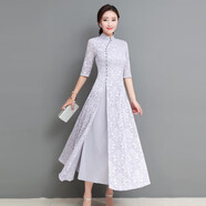 瑤益改良旗袍裙2025夏女裝修身中國(guó)風(fēng)復(fù)古立領(lǐng)氣質(zhì)蕾絲長(zhǎng)款短袖連衣裙 灰色 M