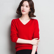 NFTY羊毛衫女時(shí)尚輕熟風(fēng)減齡短款V領(lǐng)套頭毛衣羊毛秋冬打底針織衫上衣 大紅 XL