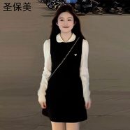 圣保美黑色背心連衣裙女秋冬季2024新款春秋長袖小個子穿搭裙子套裝兩件 套裝【打底上衣+背心裙】 M 碼