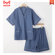 貓人（MiiOW）棉苧麻汗蒸服男洗浴中心溫泉洗浴足浴服女按摩睡衣湯泉桑拿服 男款藍色 4XL