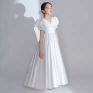 兒童主持人禮服女公主裙生日禮服女童洋氣走秀花童婚宴白色晚禮服 花童禮服女 B301白色長款 130cm 身高120-130 體重45-55斤