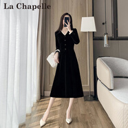 拉夏貝爾（La Chapelle）法式黑色金絲絨連衣裙女秋季2025新款顯瘦氣質(zhì)長(cháng)袖赫本風(fēng)a字裙子 黑色 L 碼建議111-120斤