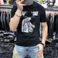 洋客短袖T恤男薄款圓領(lǐng)夏季新款男士冰絲半袖燙鉆3D數碼印花體恤打底 黑色 XL 建議137-152斤