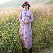 亂在江南民族風(fēng)苧麻印花連衣裙長袖中式立領(lǐng)女裝春季盤扣復(fù)古改良旗袍裙 花色 春款雙層 L