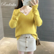 Radinka 2025秋冬新款毛衣女V領(lǐng)純色麻花針織衫打底衫套頭寬松長(zhǎng)袖外套女 黃色 XL