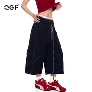 QGF 美式復(fù)古解構(gòu)明線多口袋七分牛仔短褲女夏季工裝直筒闊腿7分褲子 黑色 【高品質(zhì)】 M [建議90-100斤]