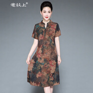 意枕上香云紗重磅真絲連衣裙女夏季中年媽媽桑蠶絲高貴改良旗袍裙 綠色805 2XL 建議120-130