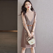 皮爾卡丹秋冬連衣裙女2025新款寬松配大衣假兩件毛衣裙氣質(zhì)長(zhǎng)袖針織打底裙 杏色 L