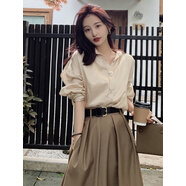 踏司紅連衣裙女春秋季新款2024時(shí)尚女裝氣質(zhì)百搭襯衫裙中長(cháng)款長(cháng)袖裙子女 香檳衣卡其裙套裝 XL  建議126-140斤